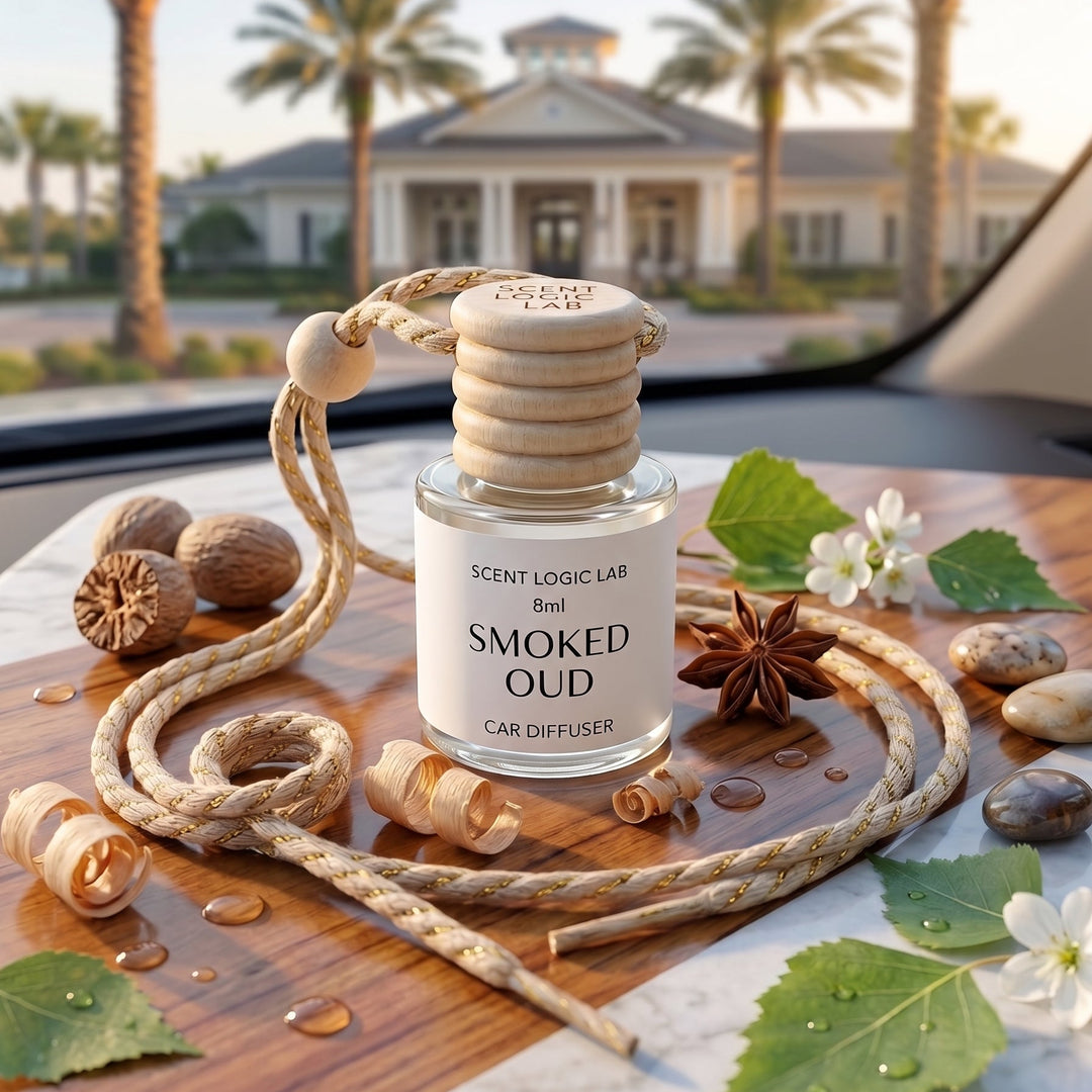 A car diffuser bottle labeled &