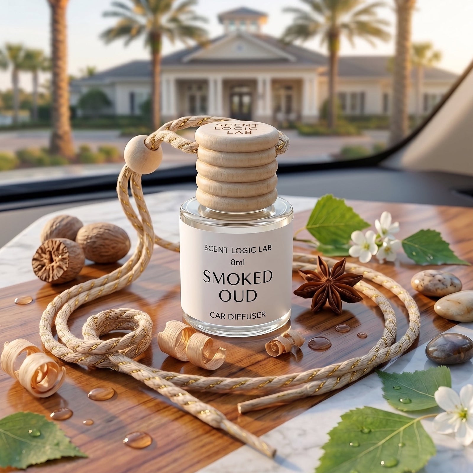 A car diffuser bottle labeled 'SCENT LOGIC LAB' and 'SMOKED OUD' sits on a wooden dashboard with a blurred car interior and palm trees in the background. The diffuser is styled with dried rope, wood chips, green leaves, star anise, and small white flowers.