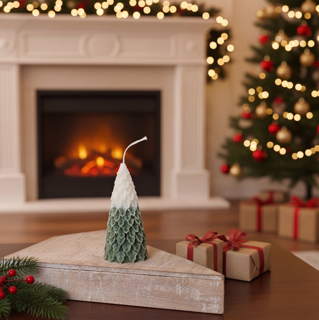 A Christmas snow topped small tree-shaped candle with a green and white textured design stands on a wooden tray on a table, with a blurred fireplace, Christmas tree, and wrapped gifts in the background.