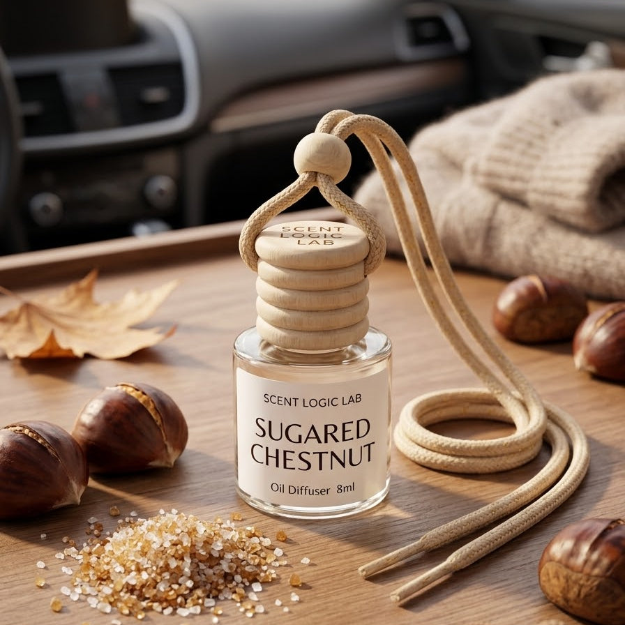 A bottle of Scent Logic Lab Sugared Chestnut oil diffuser with a beige cord, styled on a wooden surface with acorns, leaves, and coarse sugar, with a blurred car interior and cozy blanket in the background.