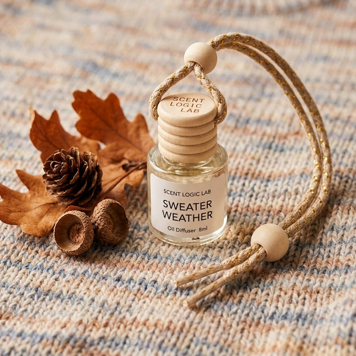 A small glass oil diffuser bottle with a cork stopper and a braided natural-fiber hanging cord, labeled &