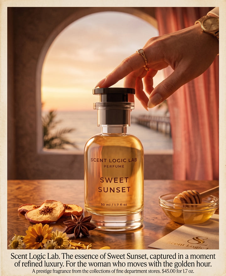 A hand holds the black cap of a Scent Logic Lab Sweet Sunset perfume bottle on a wooden table. The bottle contains golden amber liquid and is surrounded by dried flowers, star anise, and a small bowl of honey, with a warm sunset scene visible through an arched window in the background.
