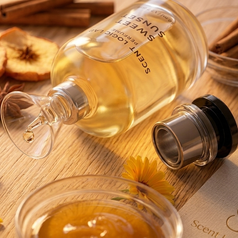 A clear glass perfume bottle labeled 'Scent of the Season' with a black cap, shown pouring pale golden liquid onto a wooden surface surrounded by yellow flowers, cinnamon sticks, star anise, and dried apple slices.
