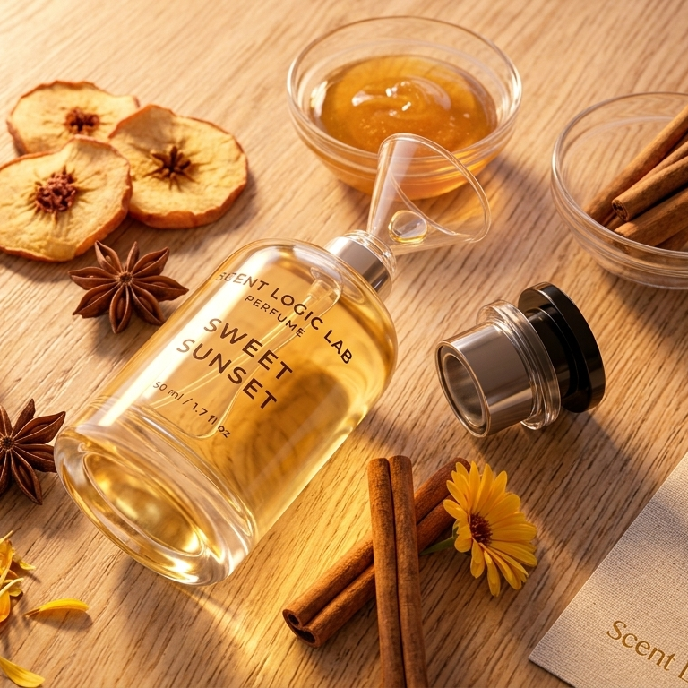 A clear glass perfume bottle labeled &