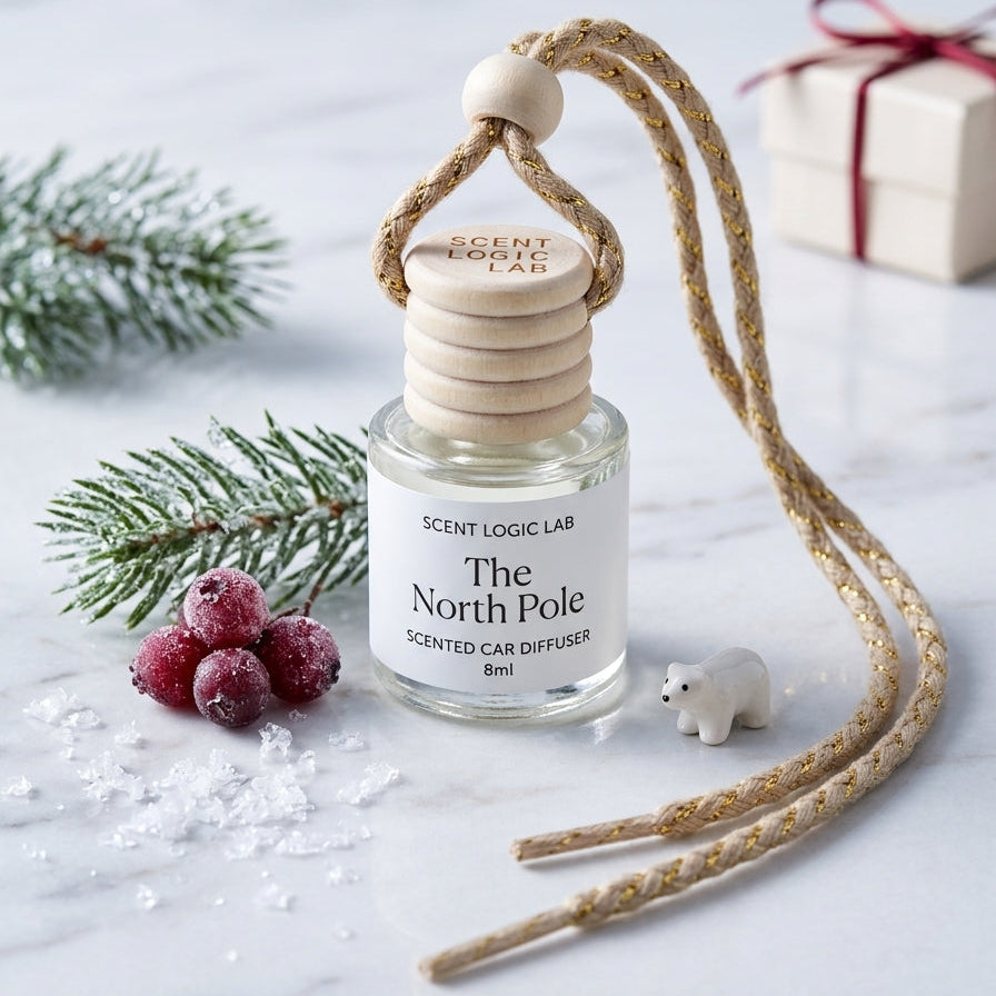 Scent Logic Lab 'The North Pole' scented car diffuser bottle with a wooden pole and hanging loop, styled on a white marble surface with pine branches, cranberries, a small polar bear figurine, and a wrapped gift box in the background.