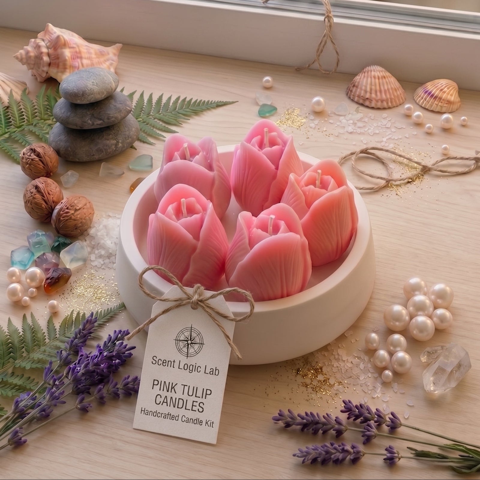 Handmade pastel tulip blossom candle made of sculpted soy wax styled on a spring tabletop.
