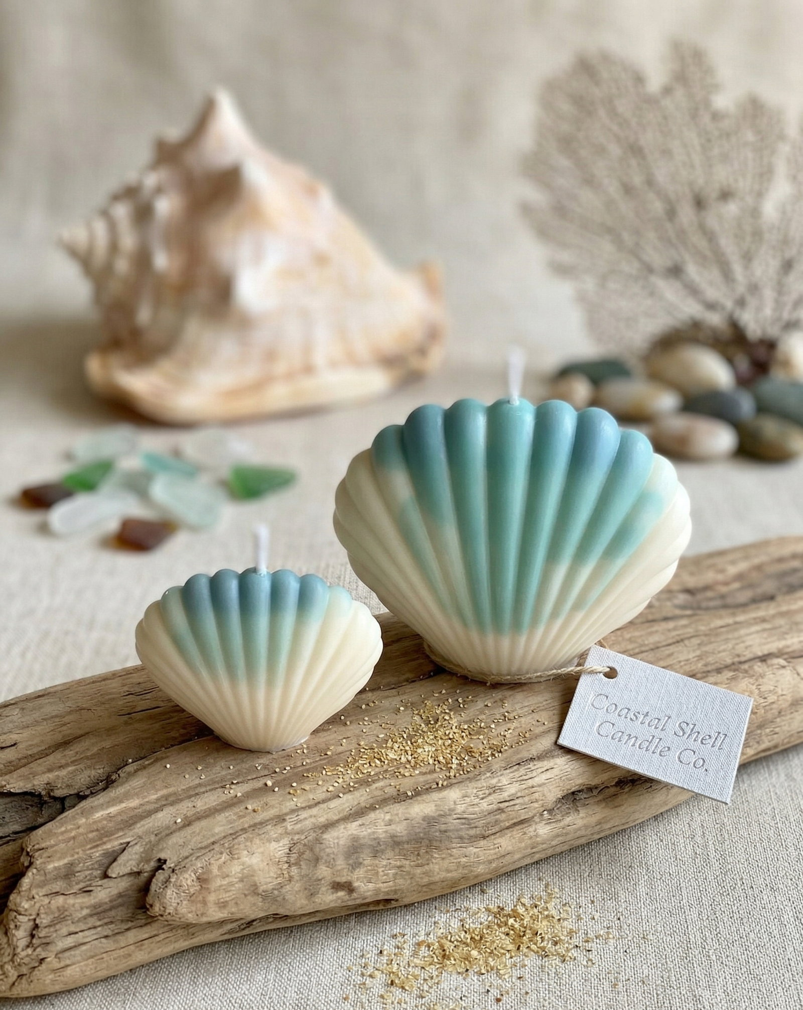 Shell Candle in Blue and White – 100% Soy Wax Coastal Seashell Sculpture, Small 2.5"W×2"H or Large 4"W×3"H, Handcrafted in USA