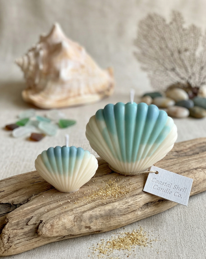 Shell Candle in Blue and White – 100% Soy Wax Coastal Seashell Sculpture, Small 2.5"W×2"H or Large 4"W×3"H, Handcrafted in USA