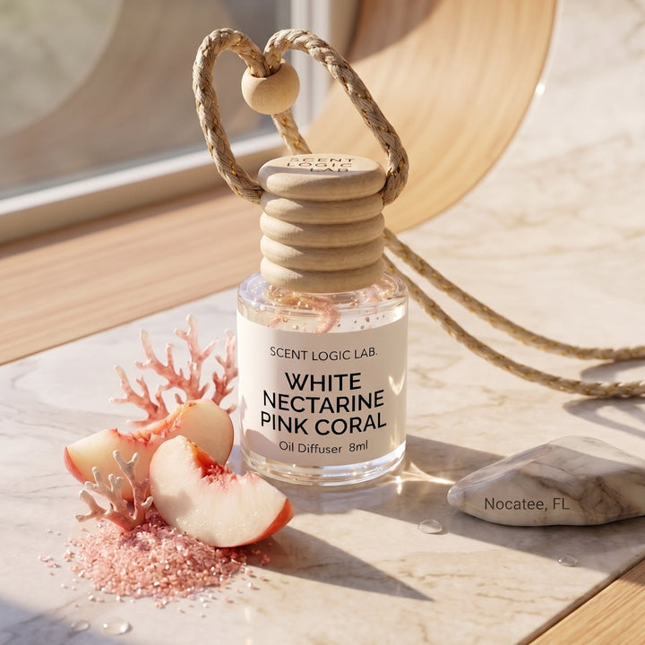 A clear glass oil diffuser bottle labeled &