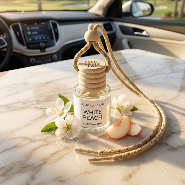 A glass car diffuser bottle labeled &