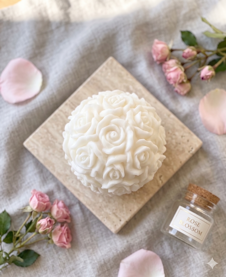 Ivory rose blossom soy wax candle — sculptural floral home decor, handmade in USA