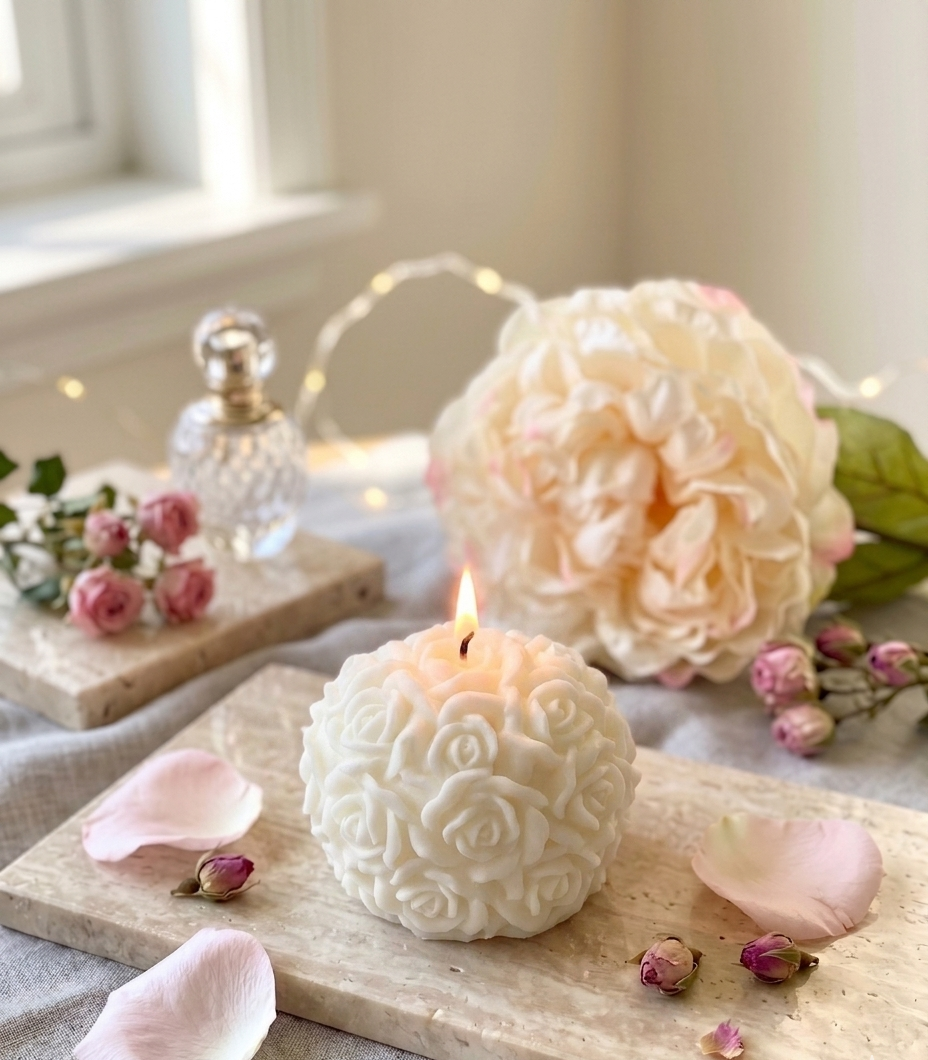 Ivory rose blossom sculpture candle in hand-poured soy wax, front view
