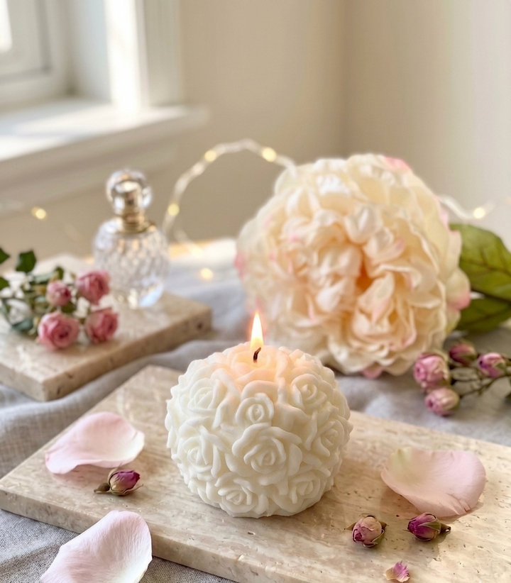 Ivory rose blossom sculpture candle in hand-poured soy wax, front view