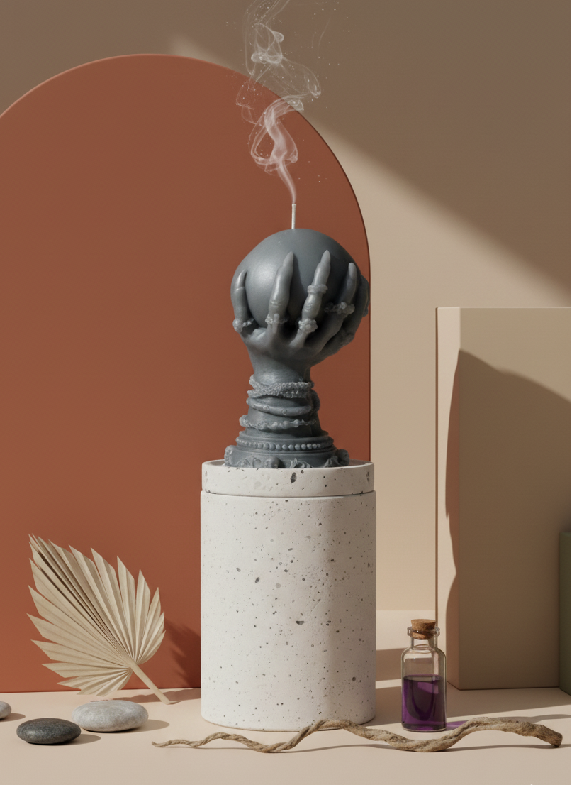 Crystal Ball Candle in Charcoal – Hand-Poured 100% Soy Wax, 6"×4" Mystical Orb Sculpture, Gothic Witchy Décor, Handcrafted in USA