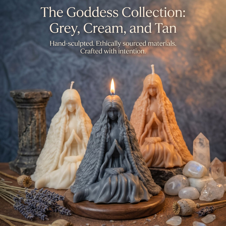 Three hand-sculpted religious candles shaped like a seated goddess figure are displayed on a tabletop against a textured backdrop. The center candle is gray and lit, flanked by cream and tan candles.