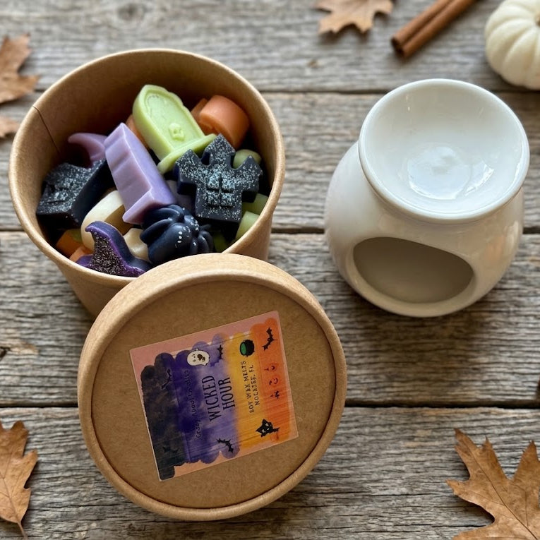 Overhead view of Wicked Hour Halloween-shaped wax melts and white wax melter