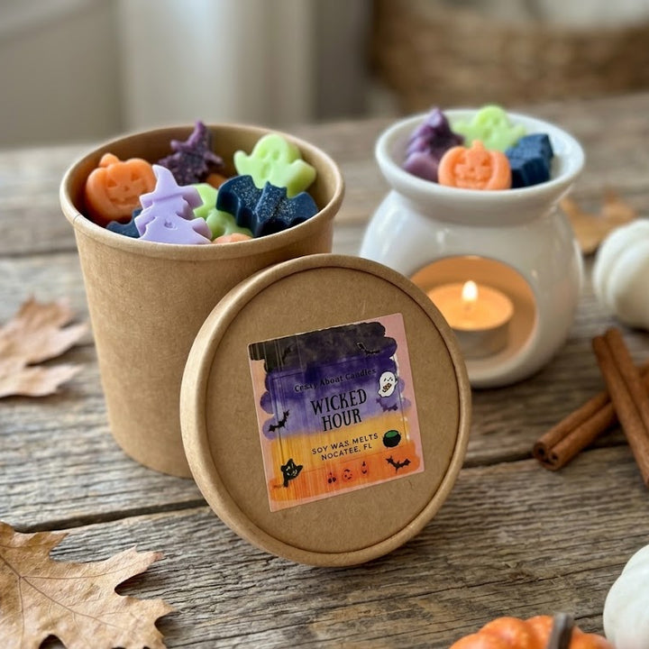 Wicked Hour Halloween wax melt gift set with kraft container and white wax melter