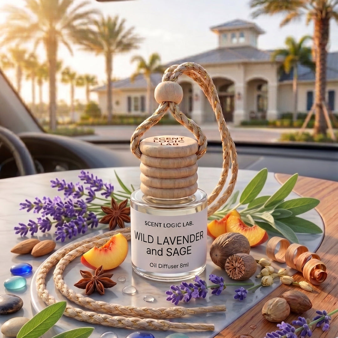 A glass oil diffuser bottle labeled &