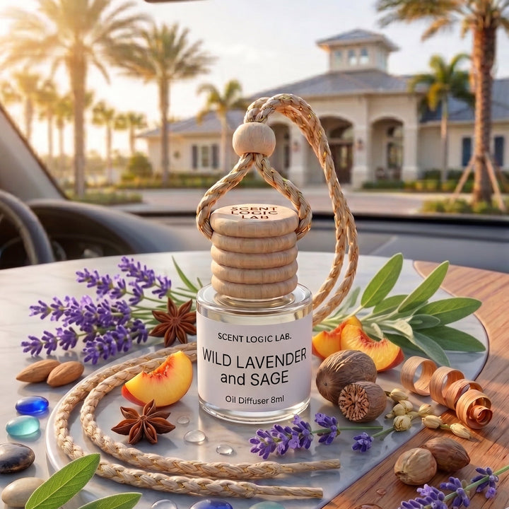 A glass oil diffuser bottle labeled &