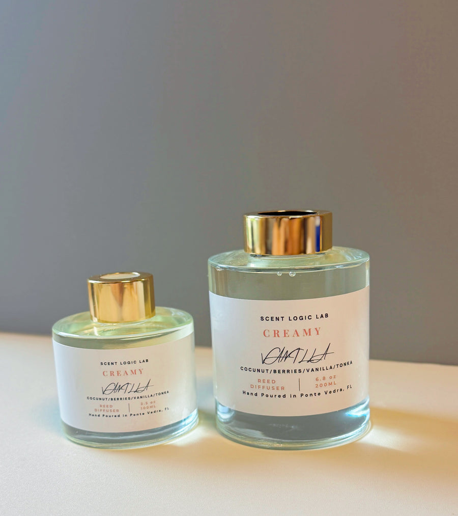 Creamy Vanilla Reed Diffuser in 100ml and 200ml bottles, hand-poured in Ponte Vedra, FL.