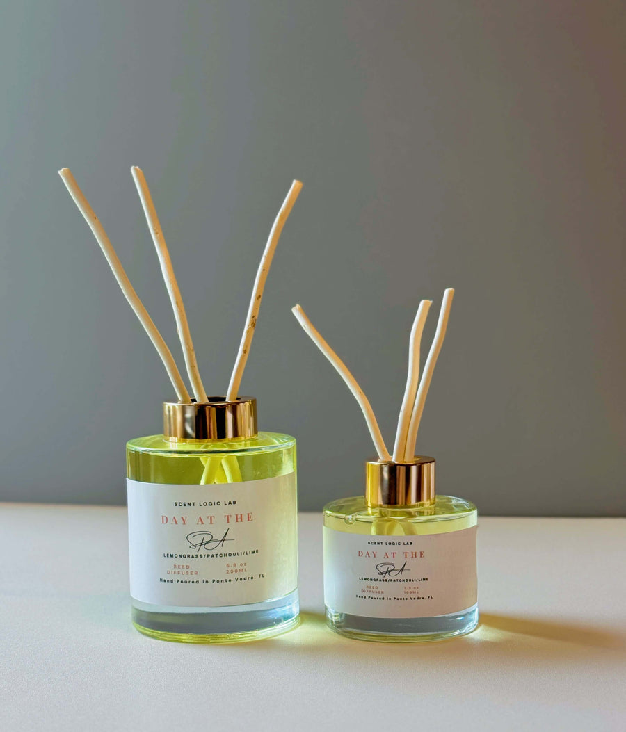 Day at the Spa Reed Diffuser set in 100ml and 200ml sizes, elegant glass bottles with natural reeds.
