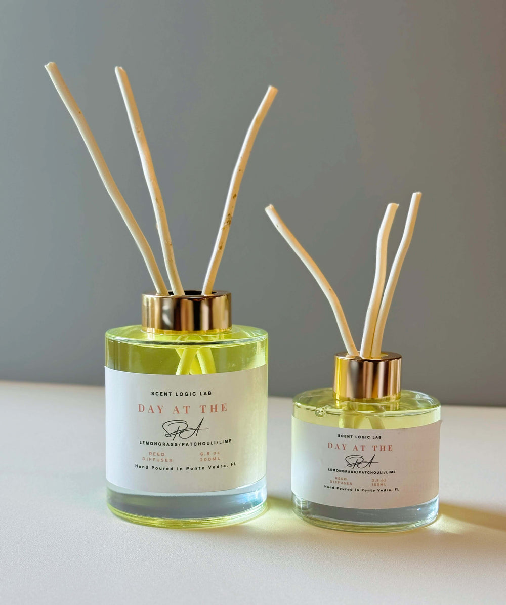 Day at the Spa Reed Diffuser in 100ml and 200ml glass bottles, hand-poured in Ponte Vedra, FL.