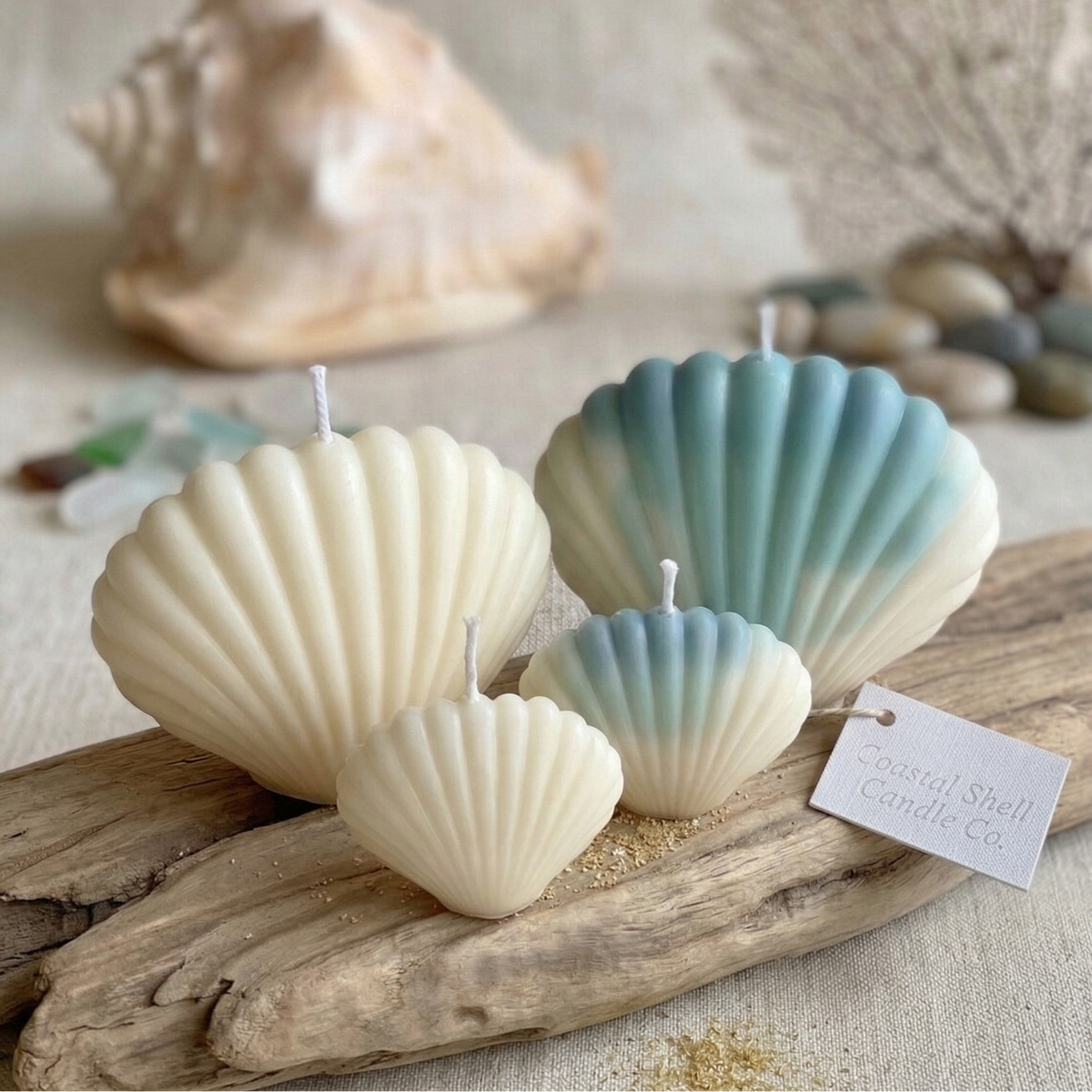 Shell Candle Set of 4 – Artisan 100% Soy Wax Seashell Candles, Small & Large Sizes, Eco-Friendly Coastal Home Décor