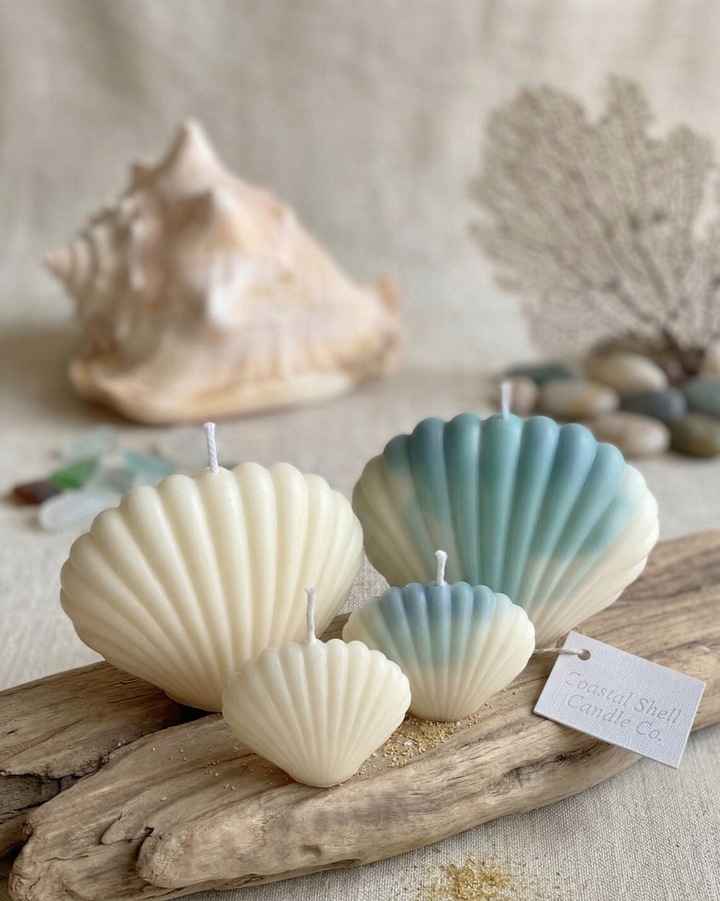 Shell Candle Set of 4 – Artisan 100% Soy Wax Seashell Candles, Small &amp; Large Sizes, Eco-Friendly Coastal Home Décor