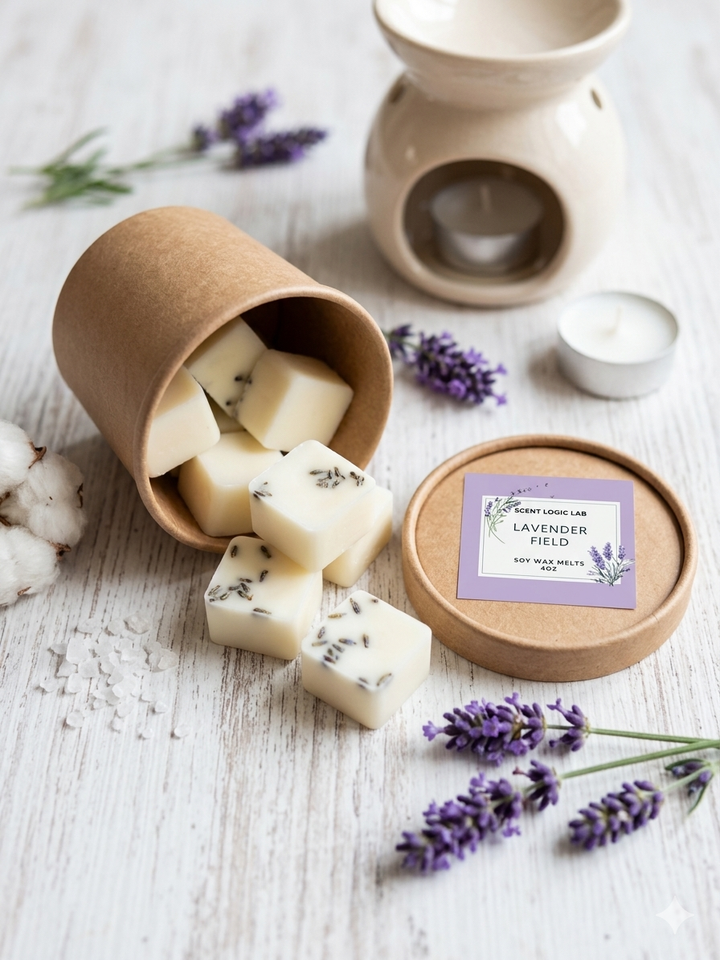 A collection of creamy white Scent Logic Lab "Lavender Field" soy wax melts with embedded lavender buds