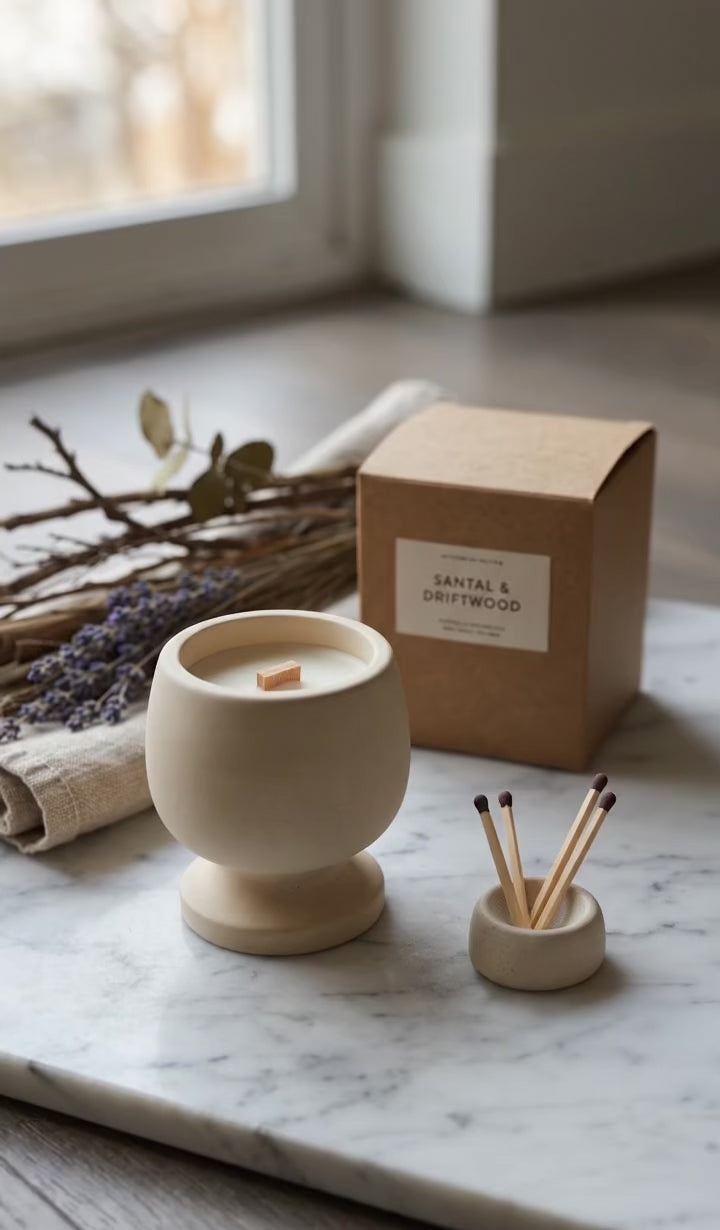 Neutral cream-colored geometric pillar candle on an eco-friendly Jesmonite pedestal stand, shown lit with a crackling wood wick flame in a minimalist living room setting.