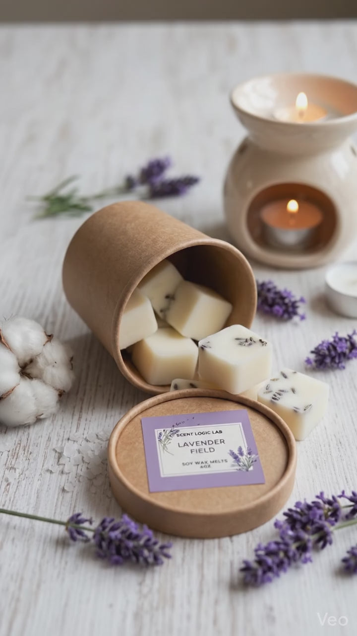 A close-up, eye-level shot of Scent Logic Lab "Lavender Field" soy wax melts. The cubes are shown spilling from an overturned kraft paper tube, with the container lid and its purple product label prominently displayed in the foreground. Fresh lavender sprigs and a ceramic warmer are visible in the background.