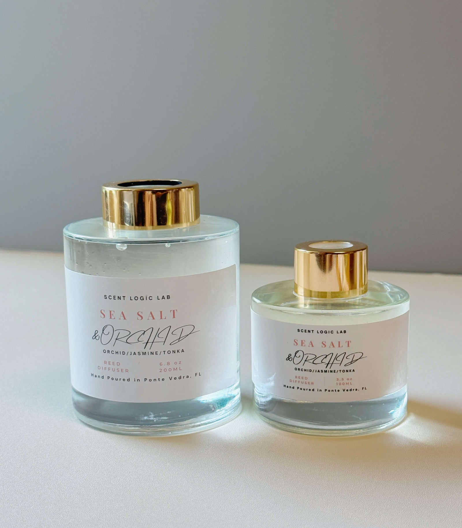 Sea Salt and Orchid Reed Diffuser set in 100ml and 200ml, hand-poured in Ponte Vedra, FL