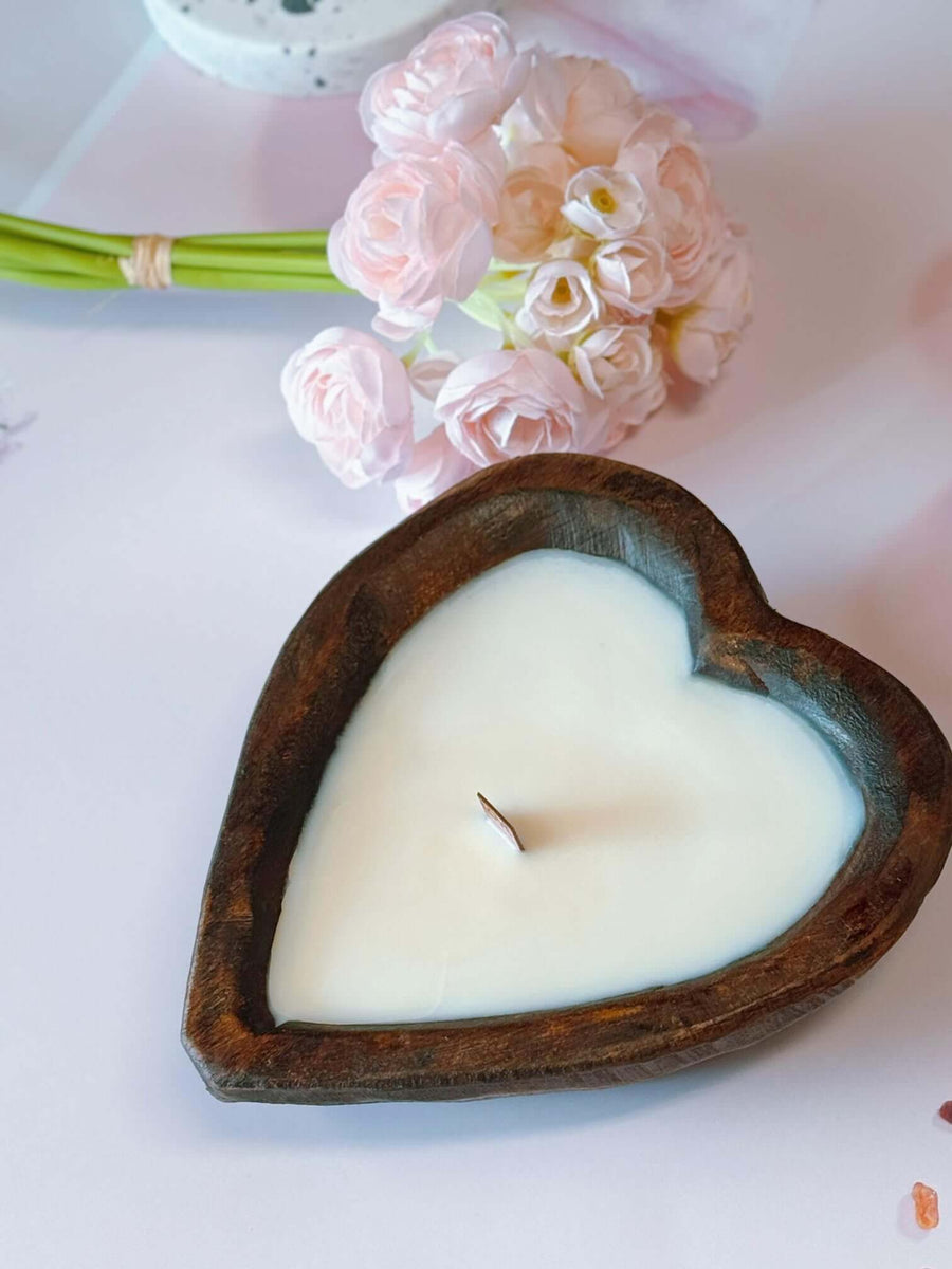 Heart-Shaped Wooden Bowl Candle – Handcrafted Soy Wax